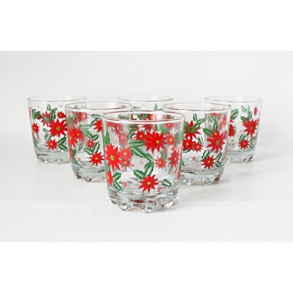 6 Vintage Christmas Lowball Glasses Poinsettias Coctail Glass Barware